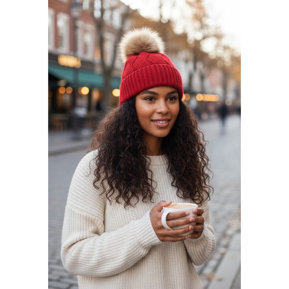 Nordstrom Red‎ Cashmere Knit Beanie Brown Faux Fur Pom New